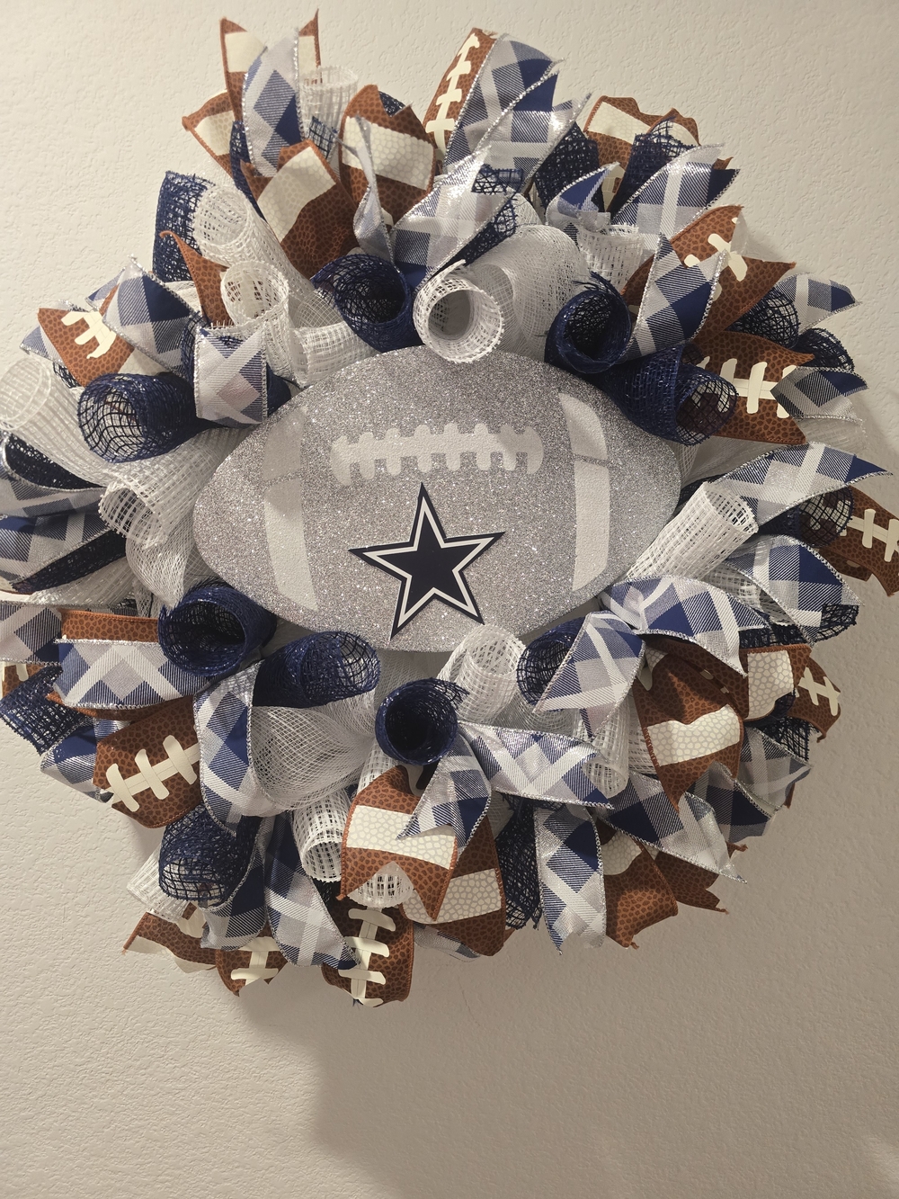 W133 - Dallas Cowboys Football Wreath - Navy, Silver, Brown